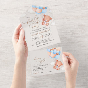 Invitation Tout En Un Petit Ours, Ourson, Ballons Bleus, Baby Shower