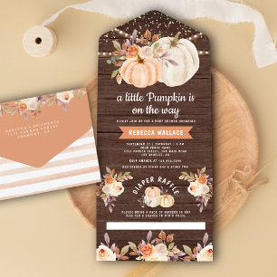 Invitation Tout En Un Petite Citrouille Floral Terreux Bois Baby Shower