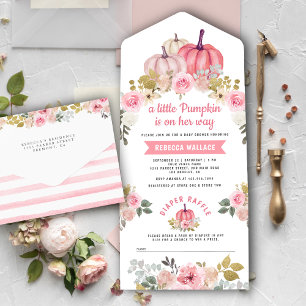 Invitation Tout En Un Petite Citrouille Rose Doré Floral Baby Shower