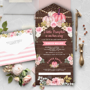 Invitation Tout En Un Petite citrouille rose or floral bois Baby Shower
