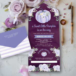 Invitation Tout En Un Petite Citrouille Roses Lavande Baby Shower au Pru