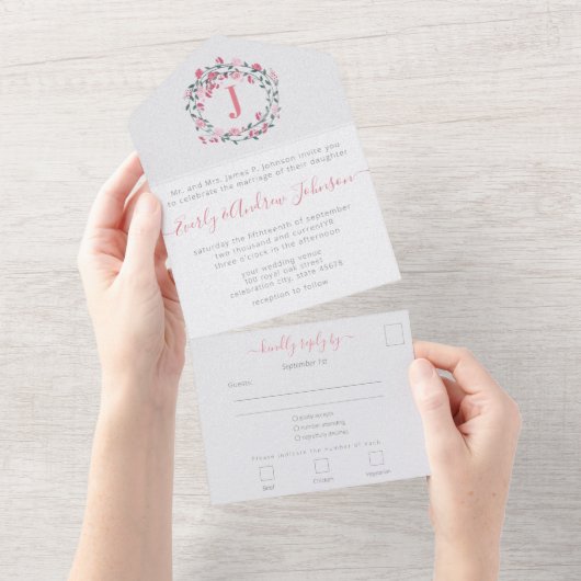 Invitation Tout En Un Photo Back Pink et Green Peony Wreath Simple (Déchirure)