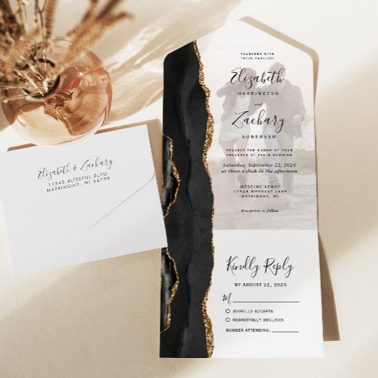Invitation Tout En Un Photo Black Gold Agate Mariage