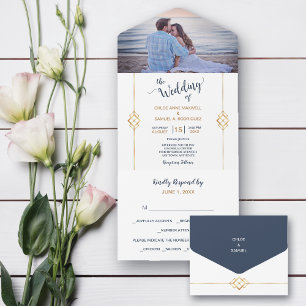 Invitation Tout En Un Photo Blue Gold Modern