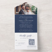 Invitation Tout En Un Photo Boho moderne RSVP QR Code Marine Mariage ble (À l'intérieur)