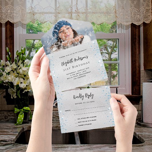 Invitation Tout En Un Photo d'anniversaire bleu argenté rsvp
