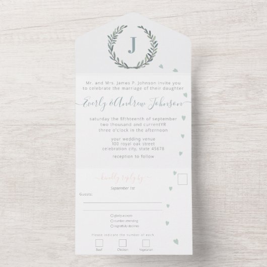 Invitation Tout En Un Photo de Back Sage Green Monogram et Wreath (À l'intérieur)