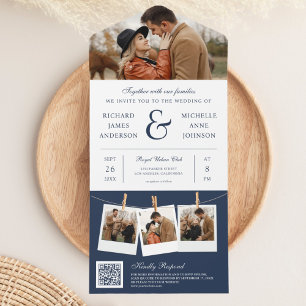 Invitation Tout En Un Photo de la marine moderne Blue Ampersand Photo QR
