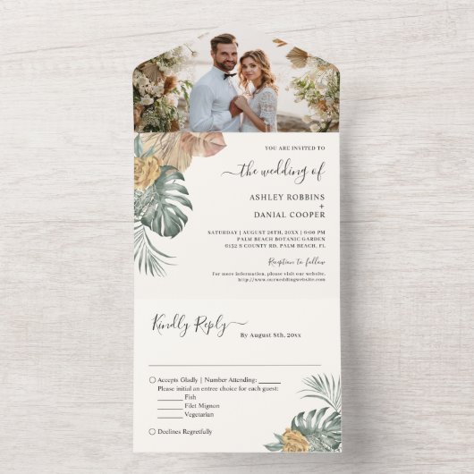 Invitation Tout En Un Photo de mariage aux feuilles de palmier tropicale (À l'intérieur)