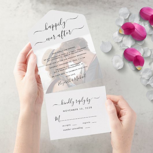Invitation Tout En Un Photo de mariage de réception Happily Ever After