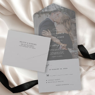 Invitation Tout En Un Photo de mariage gris élégant minimaliste