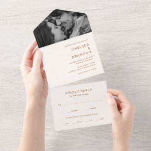 Invitation Tout En Un Photo de mariage moderne en cuivre ivoire avec mon