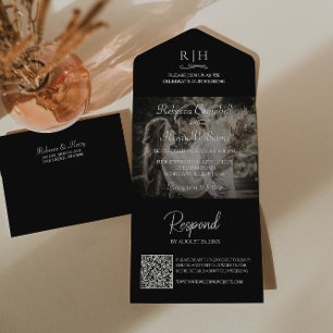 Invitation Tout En Un Photo de Mariage noir   Code QR du monogramme