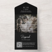 Invitation Tout En Un Photo de mariage noir | Code QR monogramme (À l'intérieur)