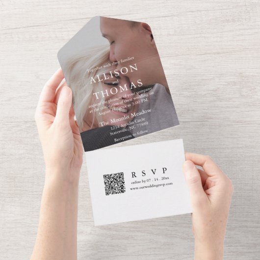 Invitation Tout En Un Photo de pêche moderne QR Code Monogramme Mariage (Déchirure)