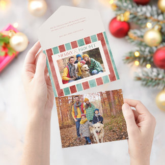 Invitation Tout En Un Photo de rayures de Noël à l'aquarelle festive