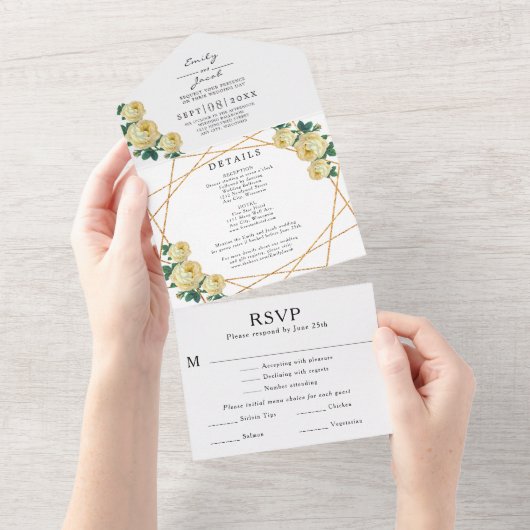 Invitation Tout En Un Photo de RSVP de mariage floral jaune géométrique (Déchirure)