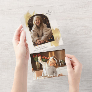 Invitation Tout En Un Photo de vacances Glam Gold Swashes & Arch