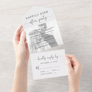 Invitation Tout En Un Photo en noir et blanc de mariage Happily Ever Aft