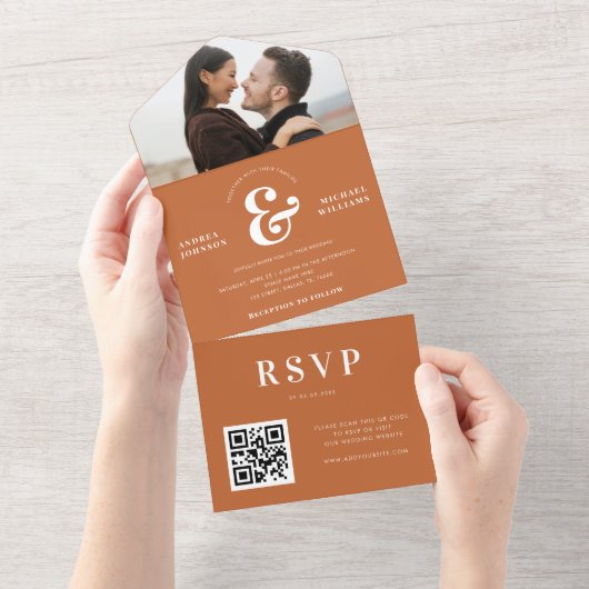 Invitation Tout En Un Photo et Ampersand Mariage QR Code RSVP (Déchirure)