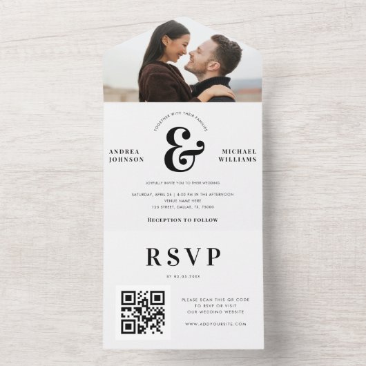 Invitation Tout En Un Photo et Ampersand Mariage QR Code RSVP (À l'intérieur)