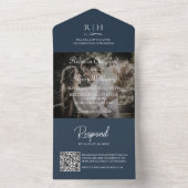 Invitation Tout En Un Photo Mariage bleu de la Marine | Code QR du monog (À l'intérieur)