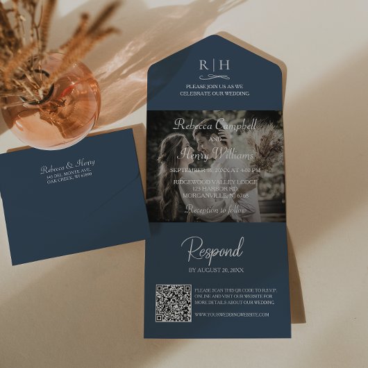 Invitation Tout En Un Photo Mariage bleu de la Marine | Code QR du monog