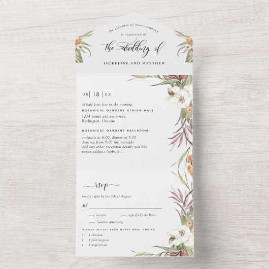 Invitation Tout En Un Photo, Mariage Feuille Palm avec RSVP perforé (À l'intérieur)