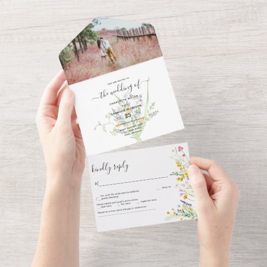 Invitation Tout En Un Photo Mariage fleur sauvage (Déchirure)