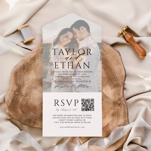 Invitation Tout En Un Photo Mariage noir moderne et élégant Code QR