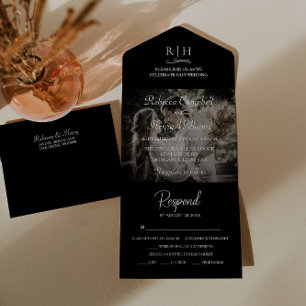 Invitation Tout En Un Photo Mariage noir moderne   Monogramme RSVP