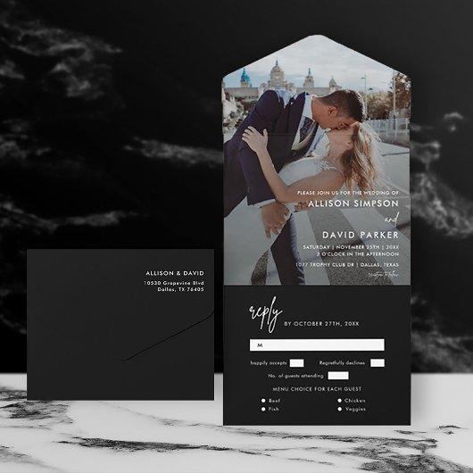Invitation Tout En Un Photo Mariage simple en noir moderne