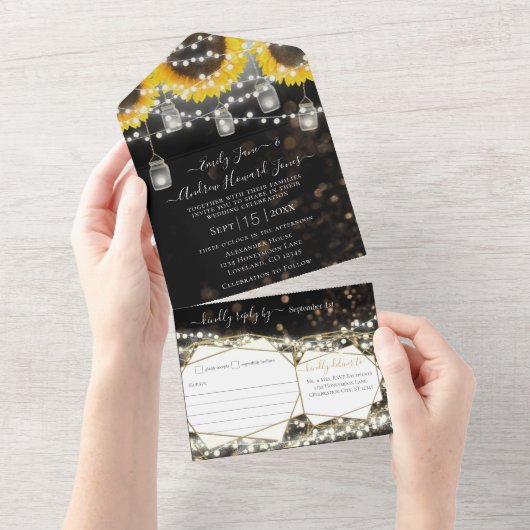 Invitation Tout En Un Photo Mason Jar Sunflower Jaune & or Mariage (Déchirure)