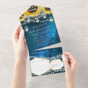Invitation Tout En Un Photo Mason Jar Sunflower Navy Bleu Jaune & Or