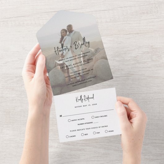 Invitation Tout En Un Photo minimaliste noir et blanc Mariage moderne (Déchirure)