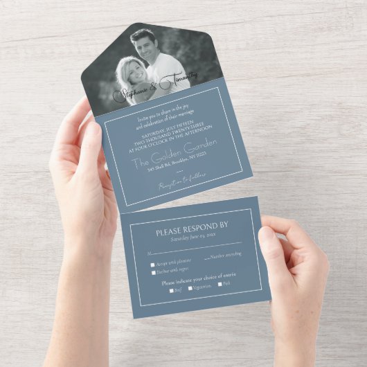 Invitation Tout En Un Photo moderne Dusty Blue Wedding RSVP (Déchirure)