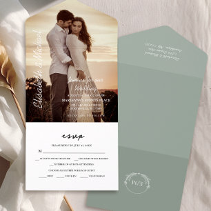 Invitation Tout En Un Photo moderne Elegant Sage Green Mariage