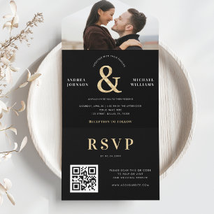 Invitation Tout En Un Photo moderne et or Ampersand Mariage QR Code