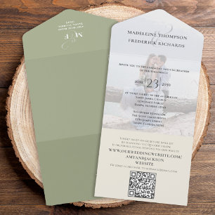 Invitation Tout En Un Photo moderne minimaliste Sage vert QR Code RSVP
