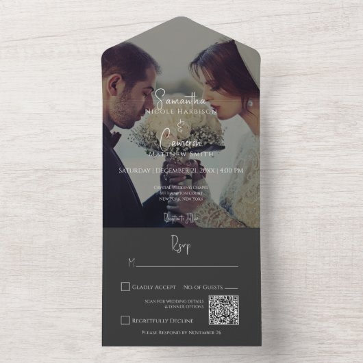 Invitation Tout En Un Photo moderne noir élégant Code QR (À l'intérieur)