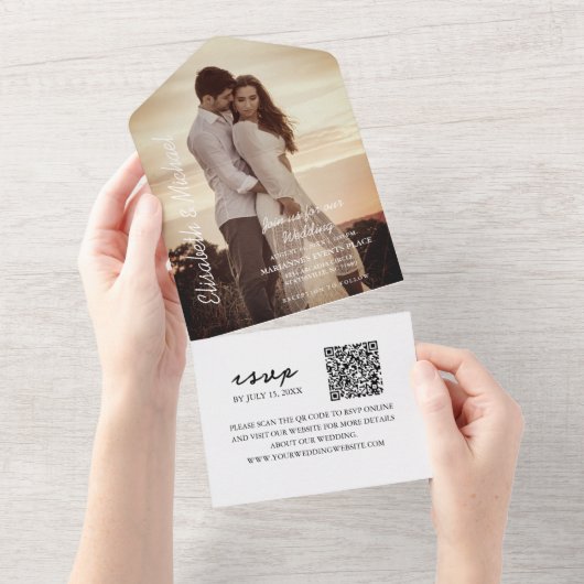Invitation Tout En Un Photo moderne QR Code Emerald Green Mariage (Déchirure)