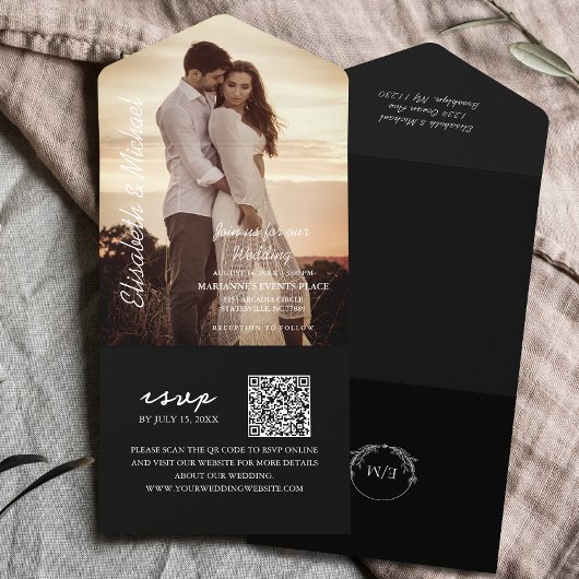 Invitation Tout En Un Photo moderne QR Code Mariage noir
