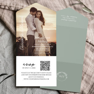 Invitation Tout En Un Photo moderne QR Code Sage Mariage vert