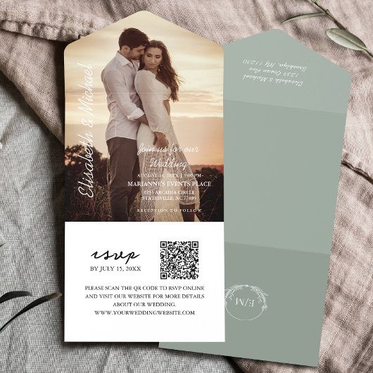 Invitation Tout En Un Photo moderne QR Code Sage Mariage vert