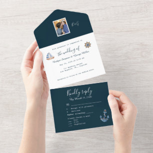 Invitation Tout En Un photo monogramme du couple marin bleu marine