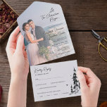 Invitation Tout En Un Photo mountain Forest simple modern RSVP wedding A<br><div class="desc">This elegant and contemporary all-in-one wedding invitation, with an easy-to-tear-off perforated RSVP postcard included, features a modern hand-drawn sketch of a lovely mountain tree forest landscape and is customizable with one of your favorite engagement pictures. This invitation is part of the "Mountain Forest Wedding" collection, with many coordinating items to...</div>