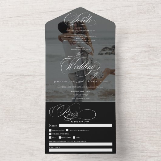 Invitation Tout En Un Photo noir simple élégant mariage calligraphie (À l'intérieur)