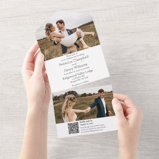 Invitation Tout En Un Photo noire moderne | Monogramme | Code QR (Déchirure)