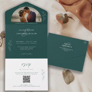 Invitation Tout En Un Photo romantique Moody Emerald Green Mariage