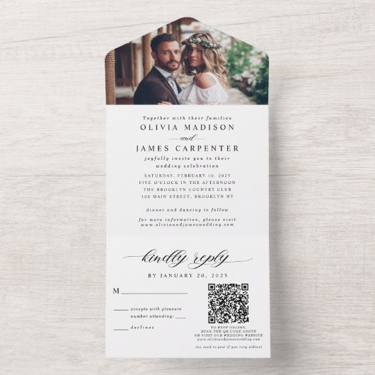 Invitation Tout En Un Photo simple moderne élégant RSVP QR Code Mariage (À l'intérieur)